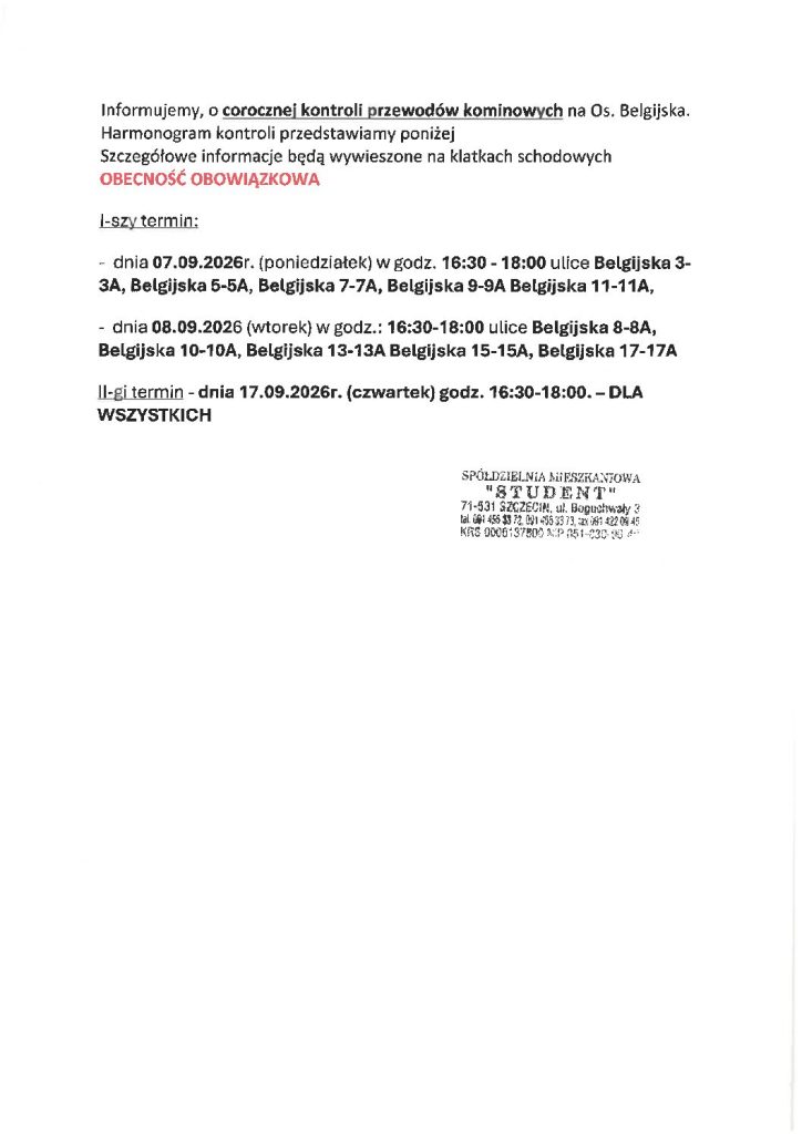 Information about the annual chimney flue inspection – Os. Belgijska