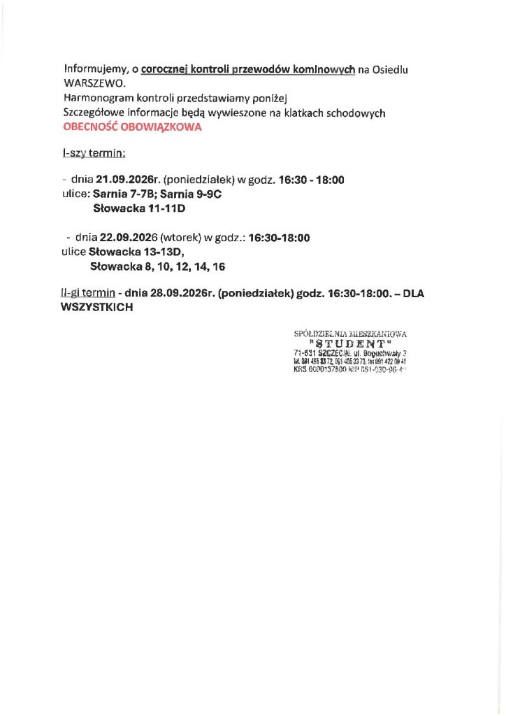 Information about the annual chimney flue inspection at Os. WARSZEWO